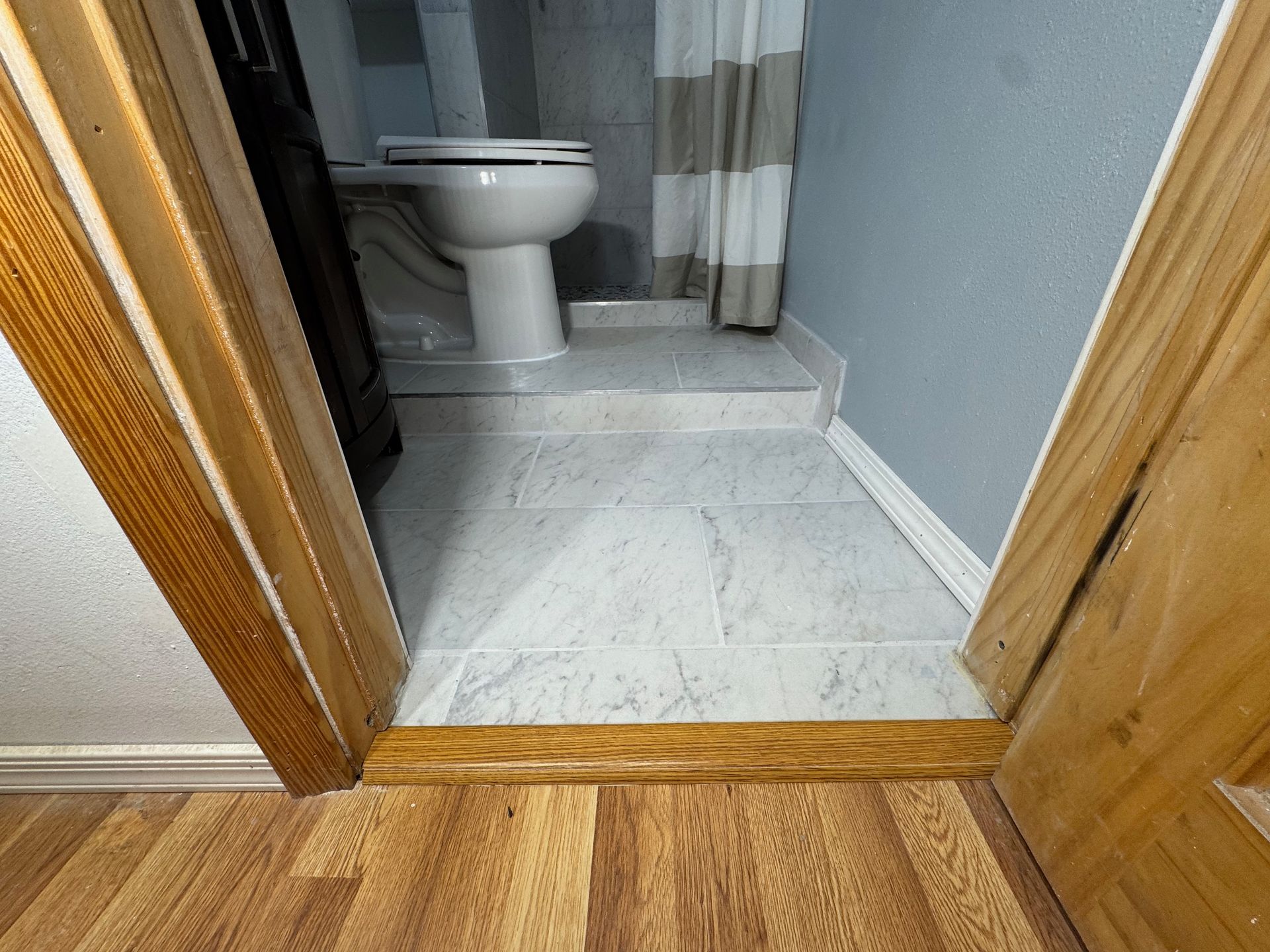A bathroom with a toilet and a shower curtain