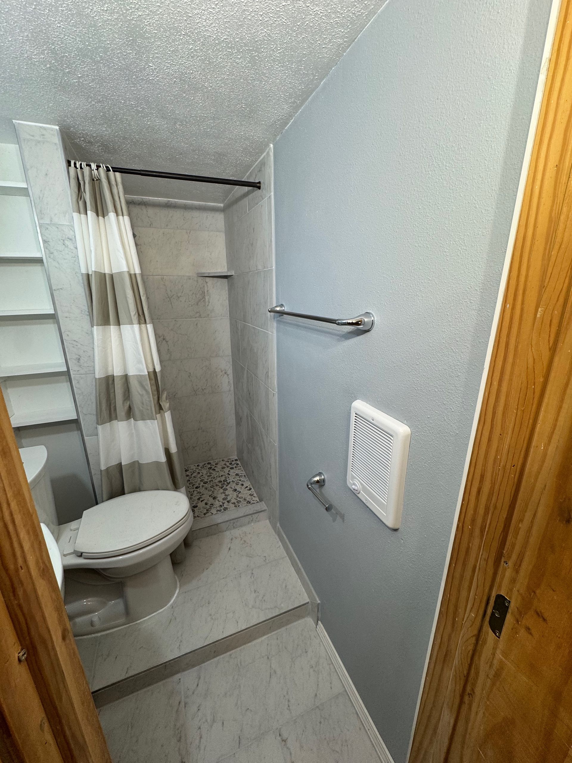 A bathroom with a toilet , shower and stairs.