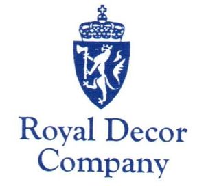 A blue and white logo for royal decor company