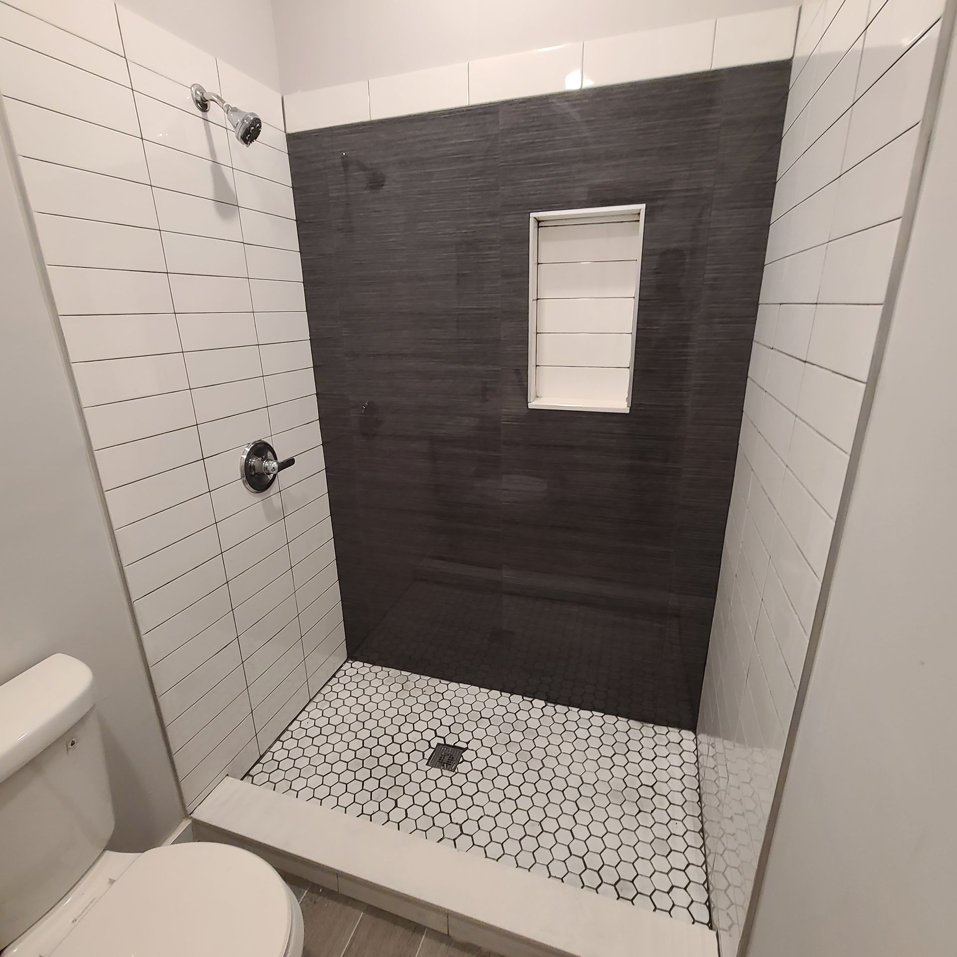 A bathroom with a toilet and a walk in shower.