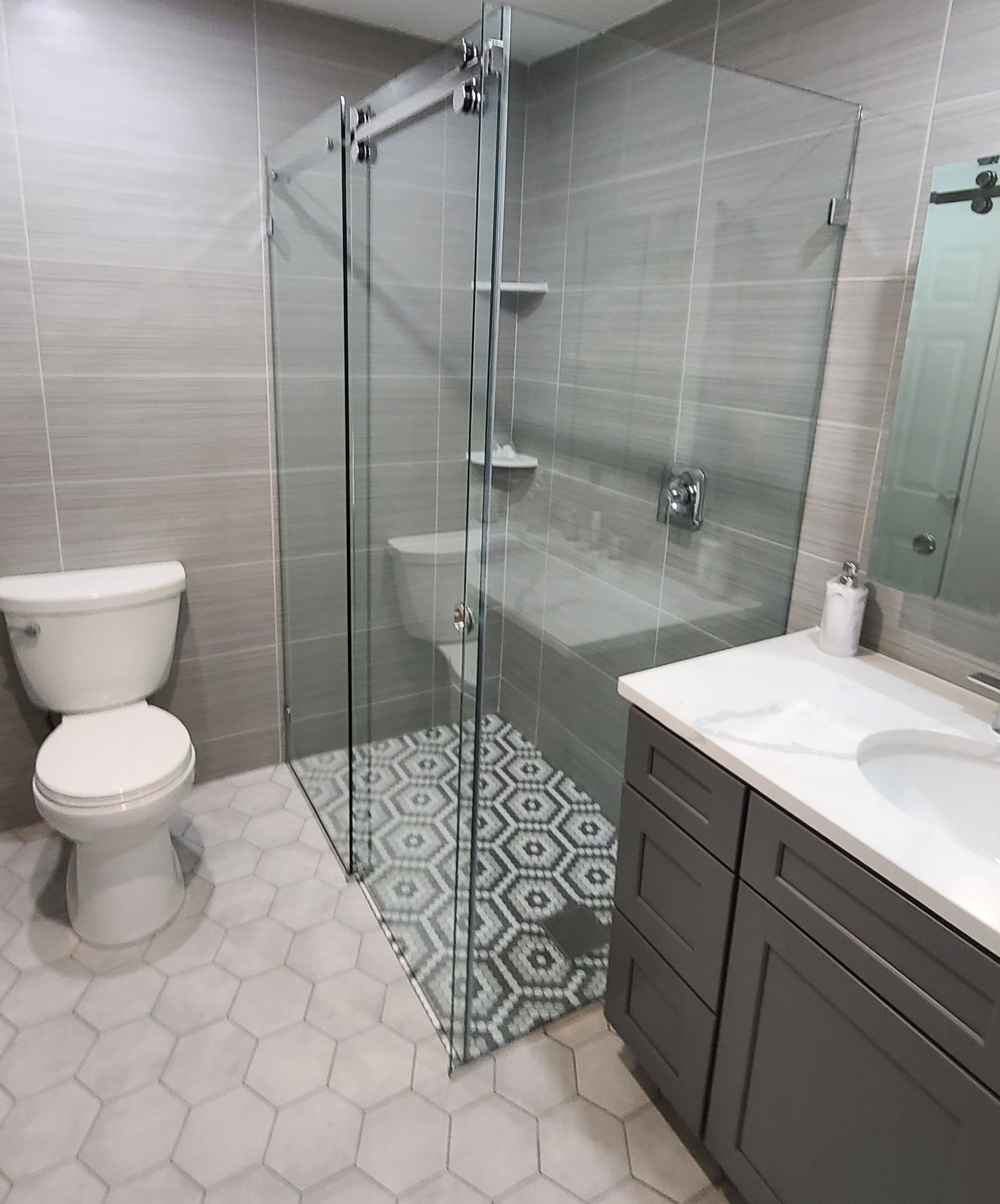 A bathroom with a toilet a sink and a walk in shower