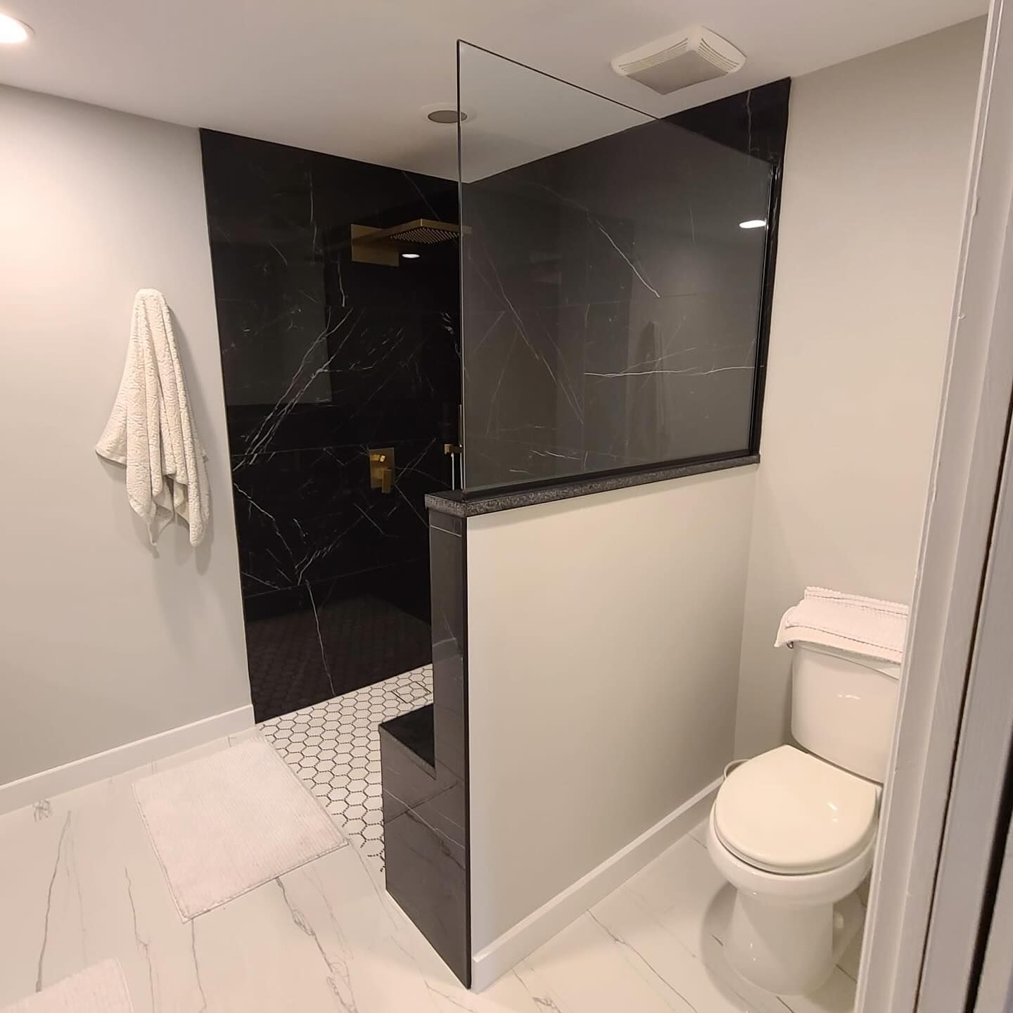 A bathroom with a toilet and a walk in shower.