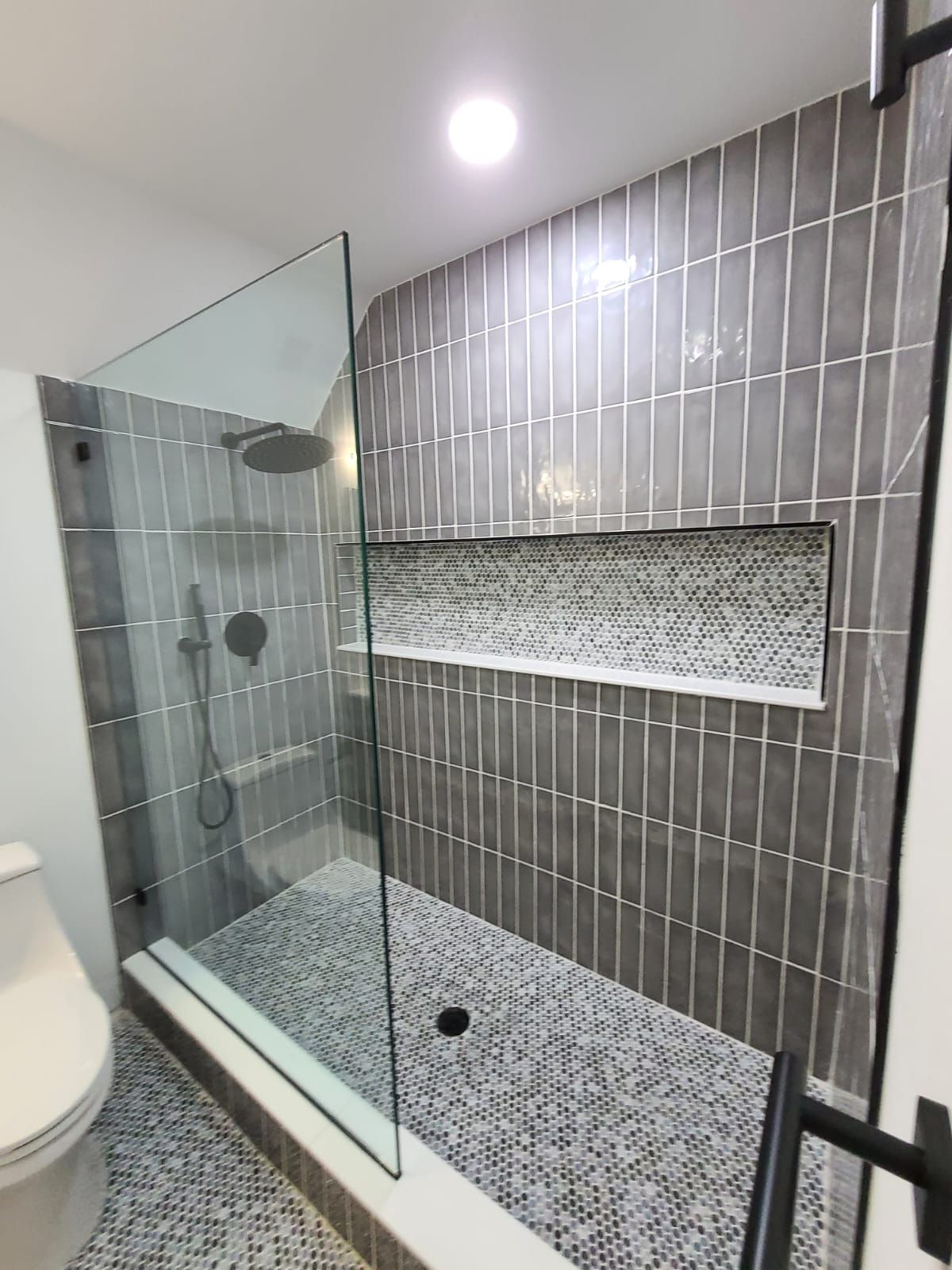 A bathroom with a walk in shower and a toilet.