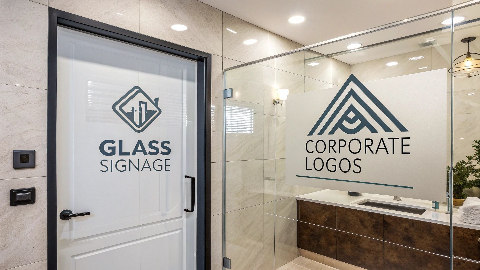 A glass door with a corporate logo on it.