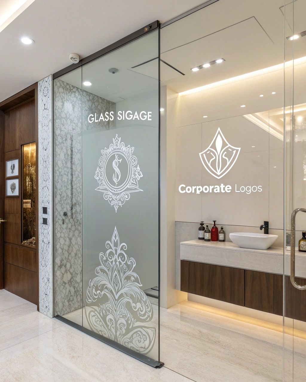 A bathroom with a glass door and a corporate logo on the wall.
