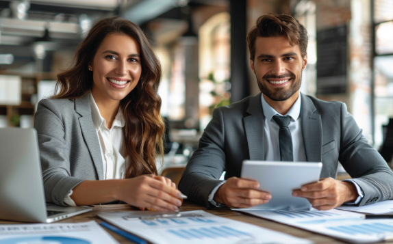 Woman and man in business attire, smiling, at a desk with laptop, tablet, and charts.