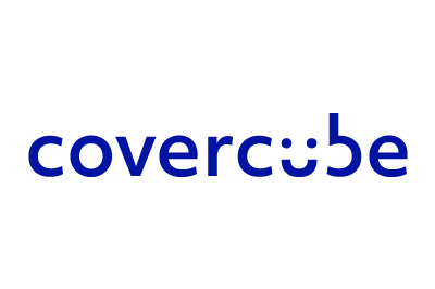 Covercube logo in dark blue font; 