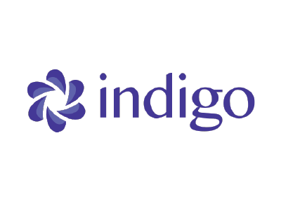 Indigo logo: blue stylized flower symbol next to the word 
