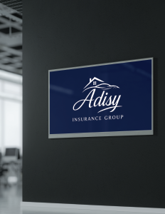 Logo for Adisy Insurance Group on a sign with blue background on a black wall.