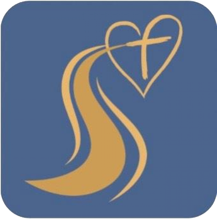 Gold heart with cross, flowing into a golden river, on a blue background.