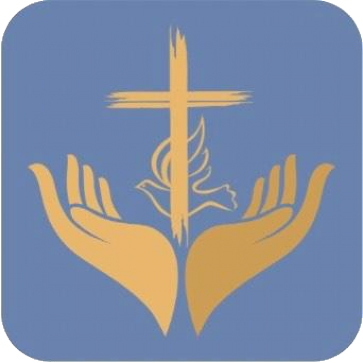 Gold cross, dove, and hands on a blue background, symbolizing faith and care.