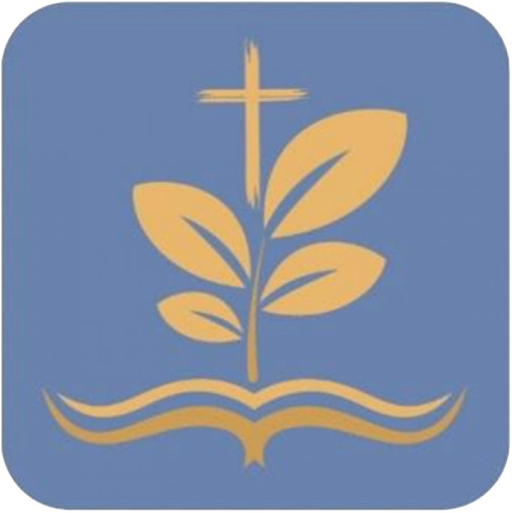 Blue square with gold cross atop plant growing from open book.