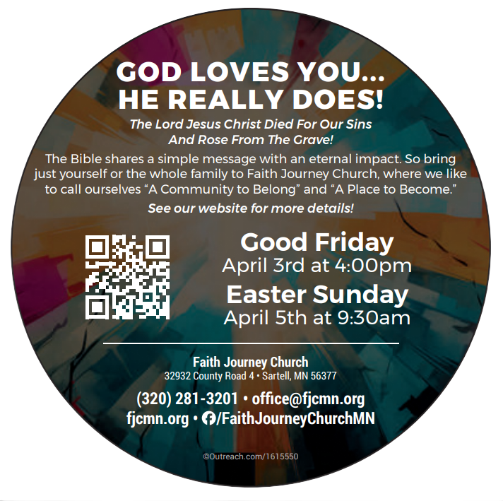 Circular flyer for Faith Journey Church in Sartell, MN, announcing Good Friday and Easter services with QR code.