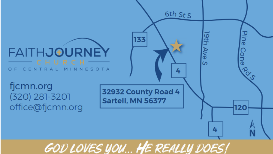 Map for Faith Journey Church in Sartell, MN. Includes address, website, contact info, and a message of faith.
