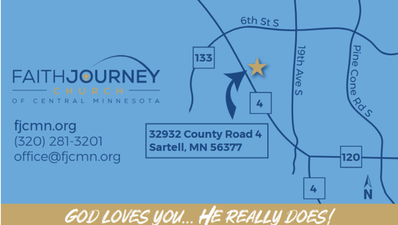 Map for Faith Journey Church in Sartell, MN. Includes address, website, contact info, and a message of faith.