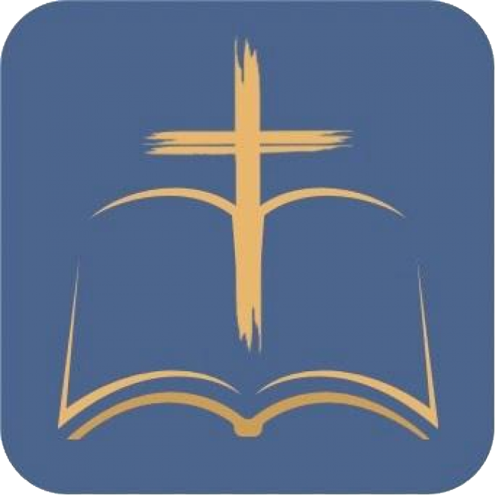 Gold cross over an open Bible on a blue background.