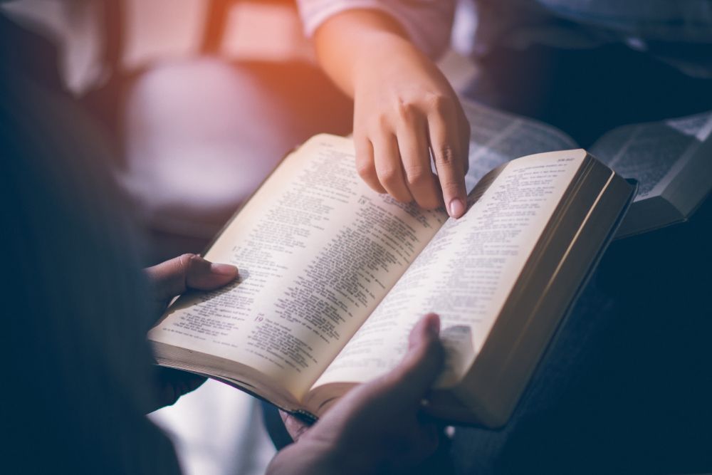 Two people reading a book together, one pointing to the text; warm light.