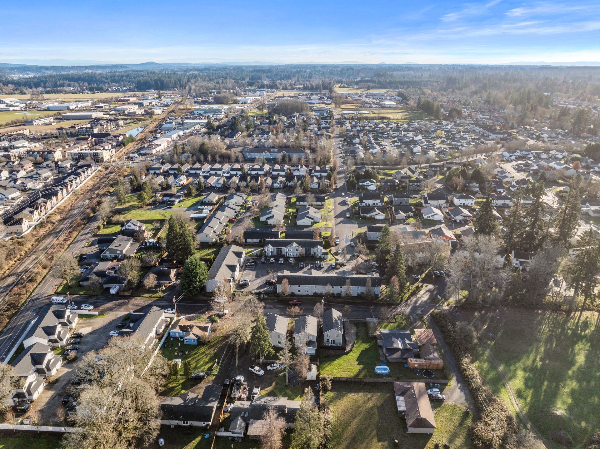 An aerial view of a small town with lots of houses and trees.