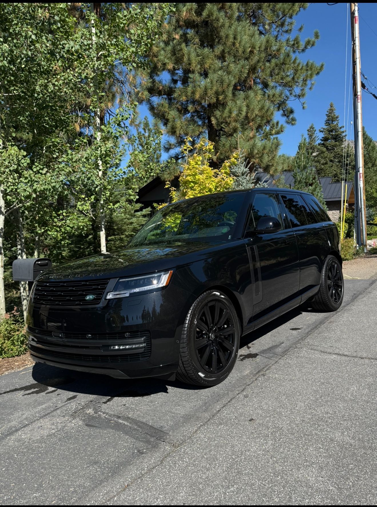 Black Range Rover parked on a residential street with trees and a clear blue sky.