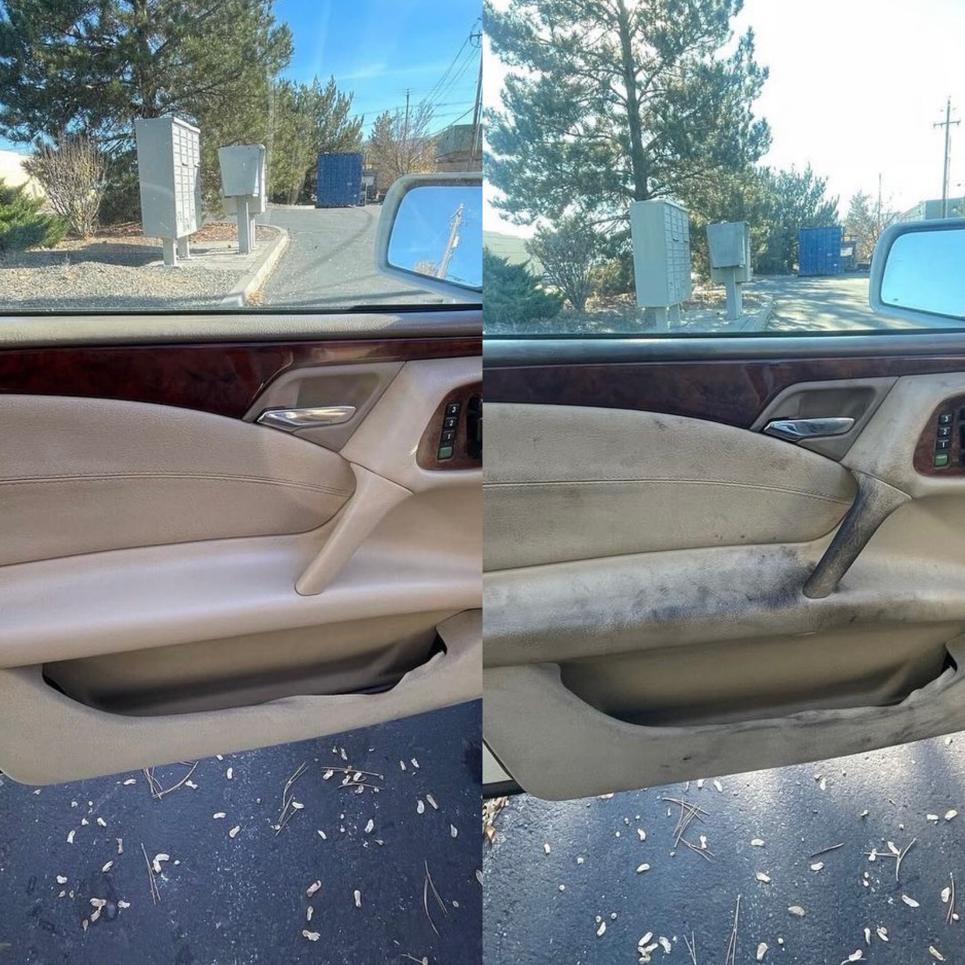 A before and after picture of a car door