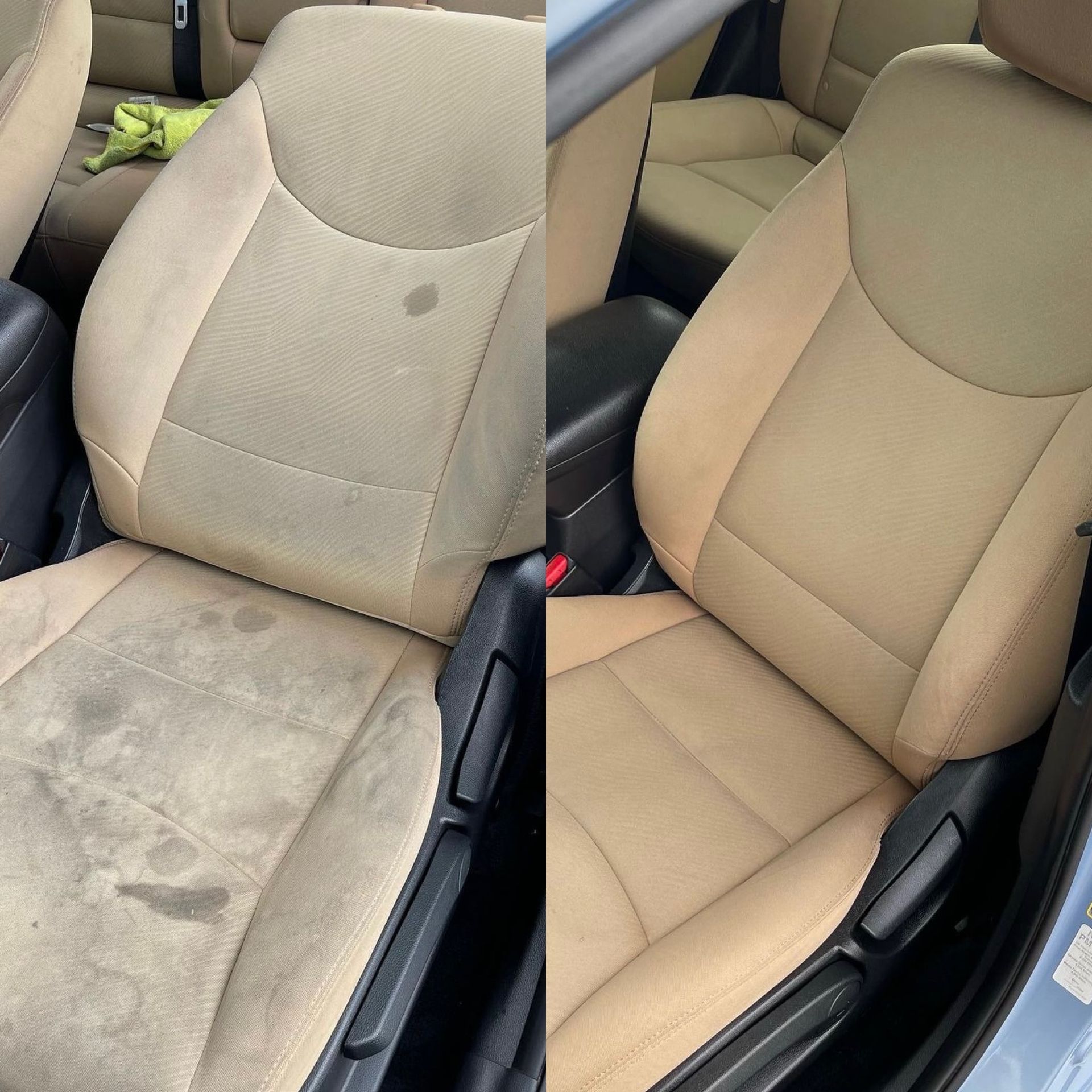 A before and after picture of a car seat