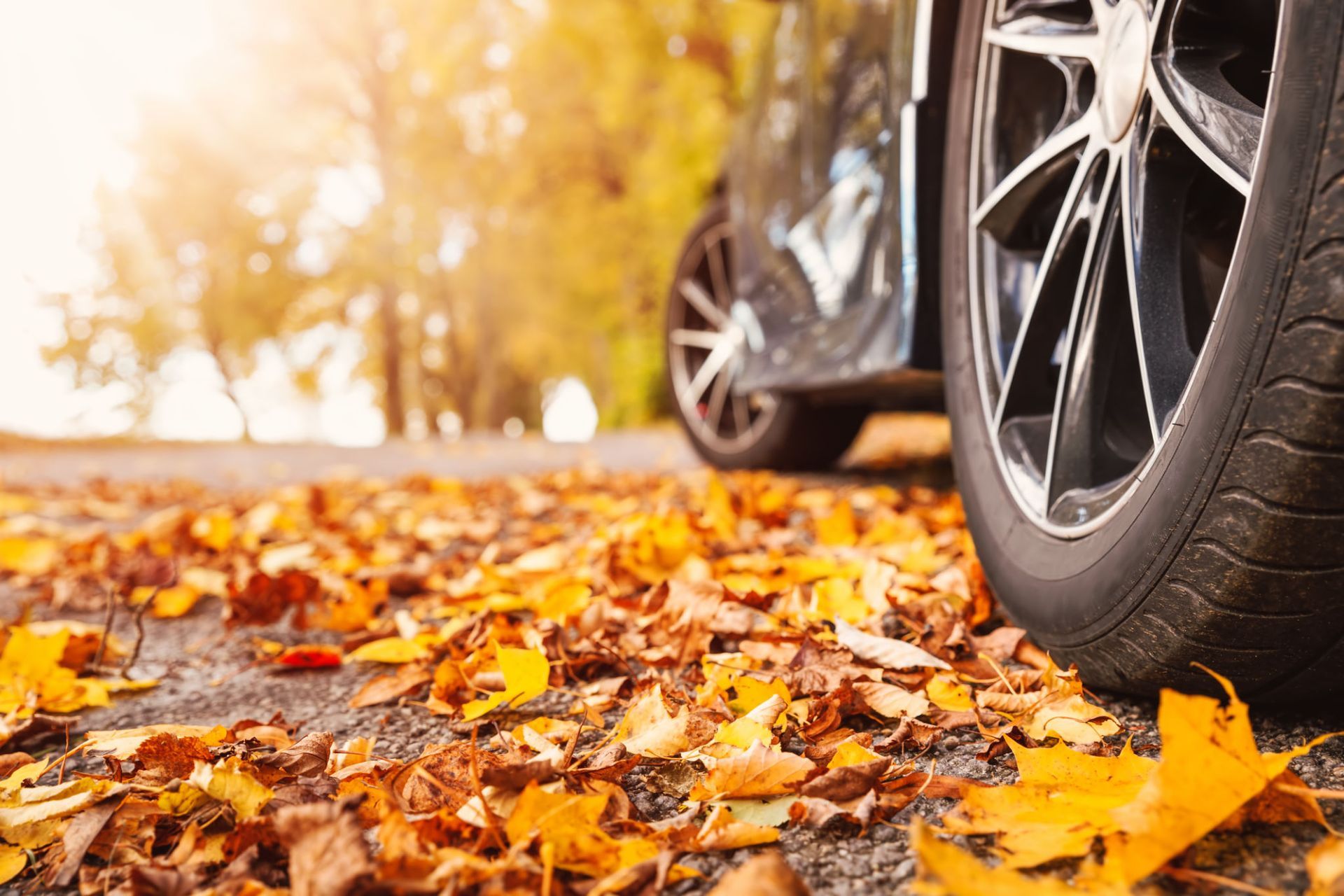 A car is parked on the side of a road covered in autumn leaves.