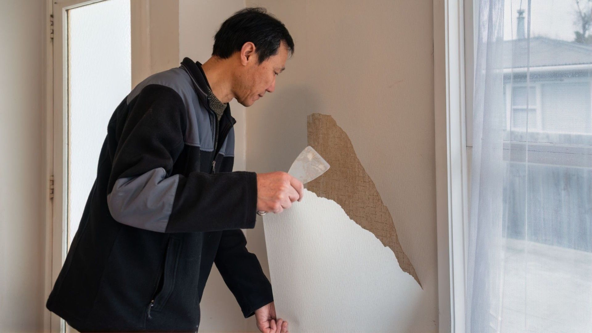 A man is removing wallpaper from a wall with a spatula.
