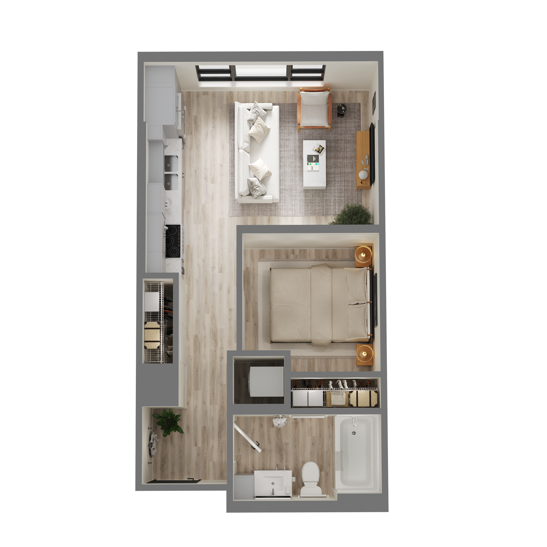 A floor plan of a small apartment with a bedroom , living room , and bathroom.