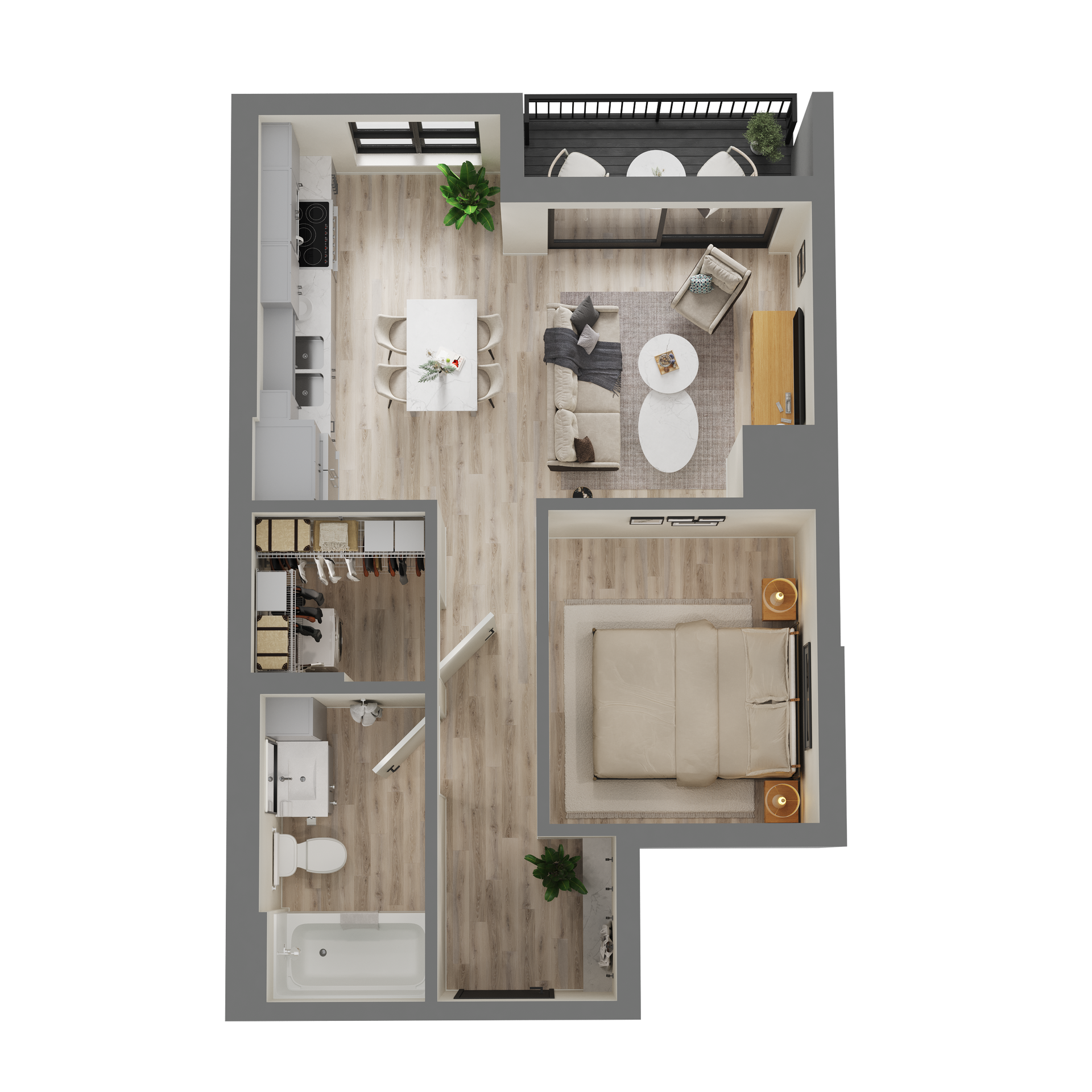 An aerial view of a floor plan of a small apartment.