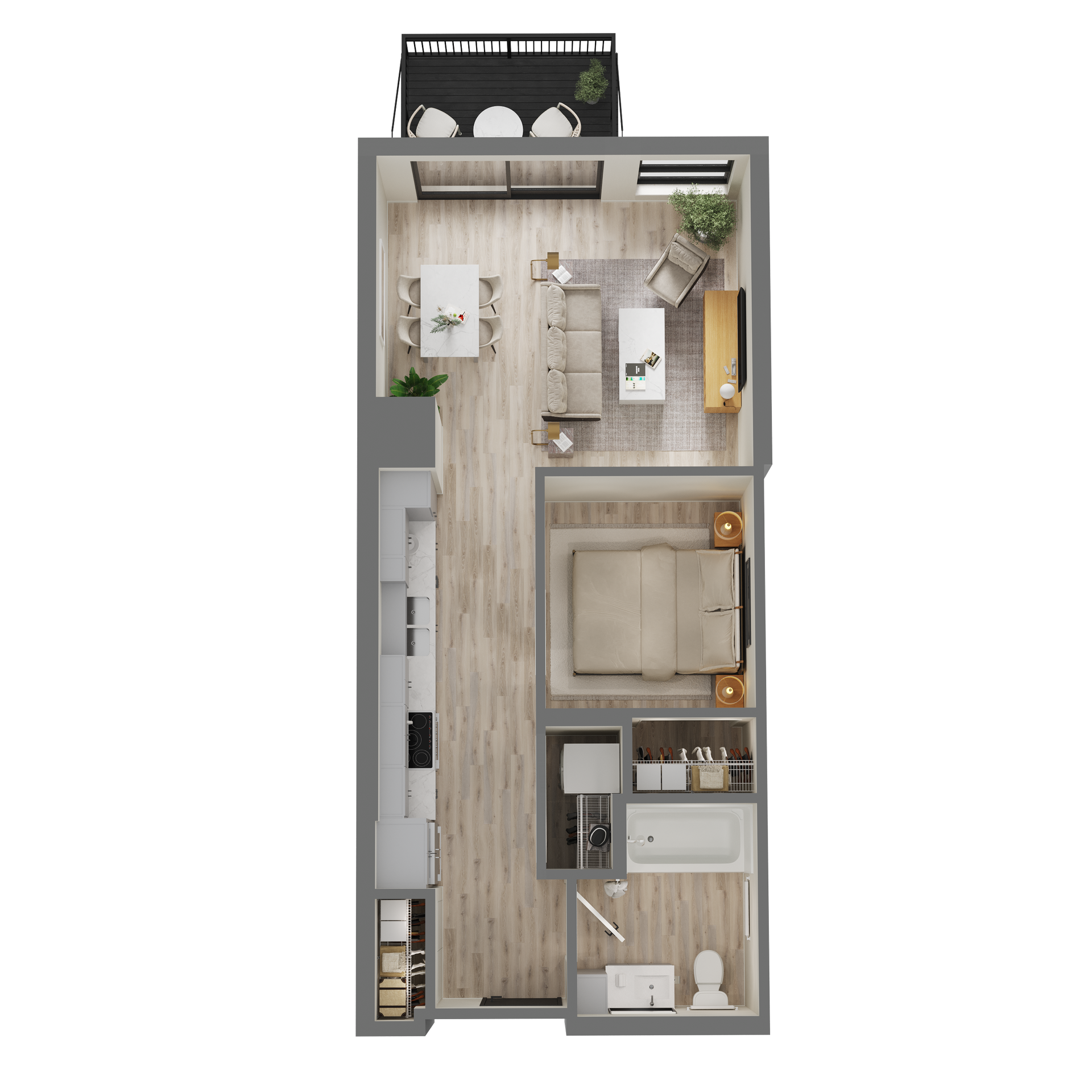 An aerial view of a floor plan of a small apartment.