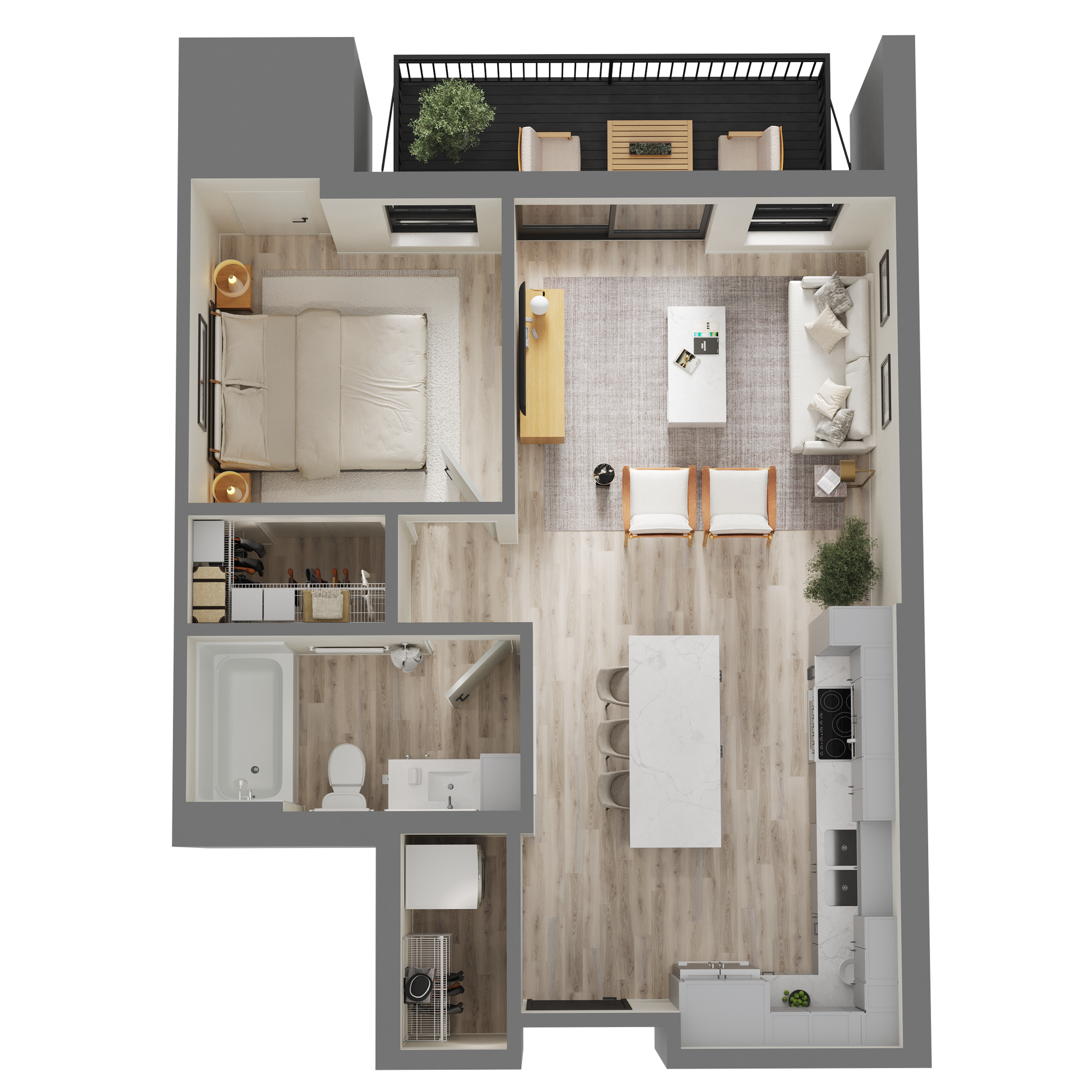 A floor plan of a small apartment with a bedroom , living room , dining room , and bathroom.