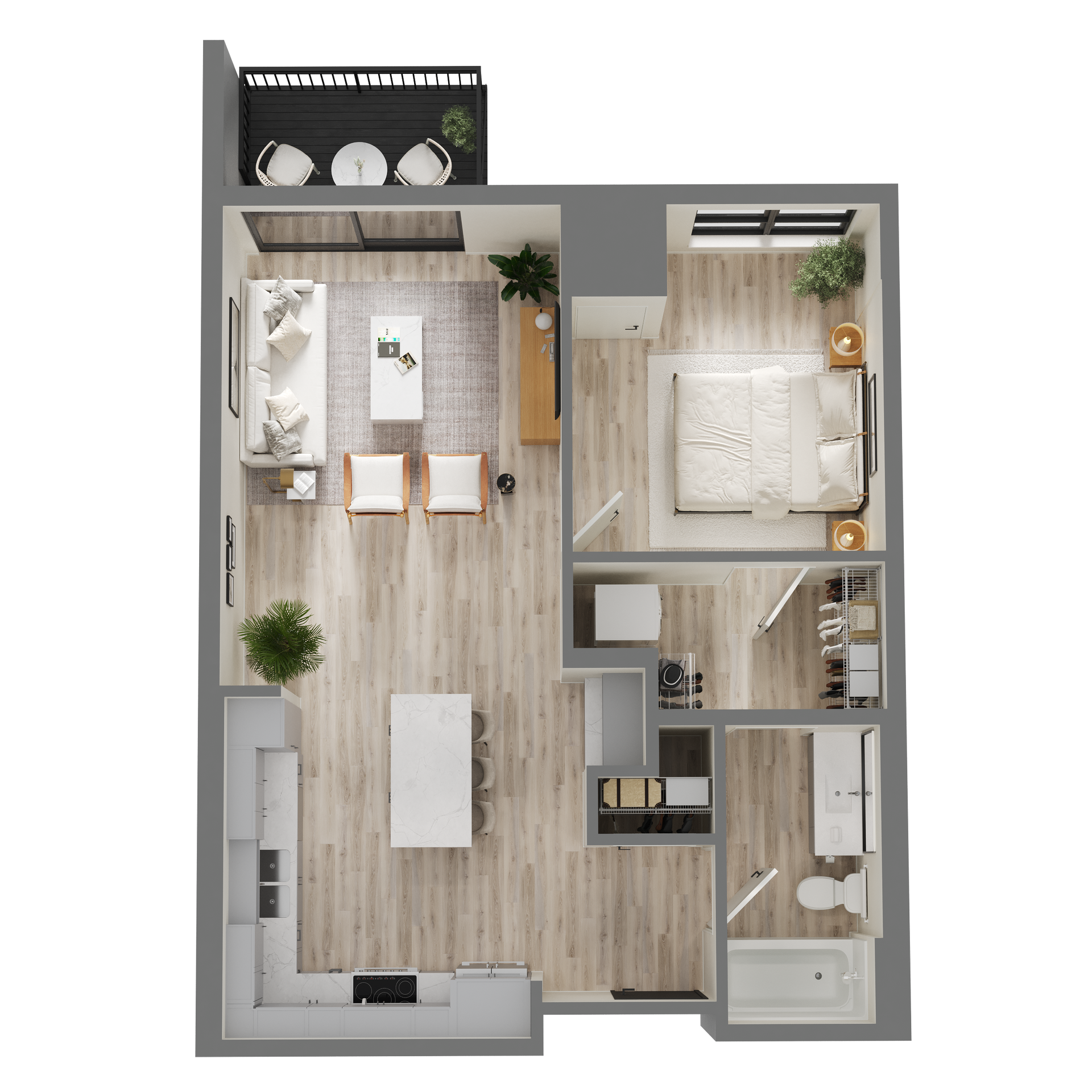 An aerial view of a floor plan of a small apartment.