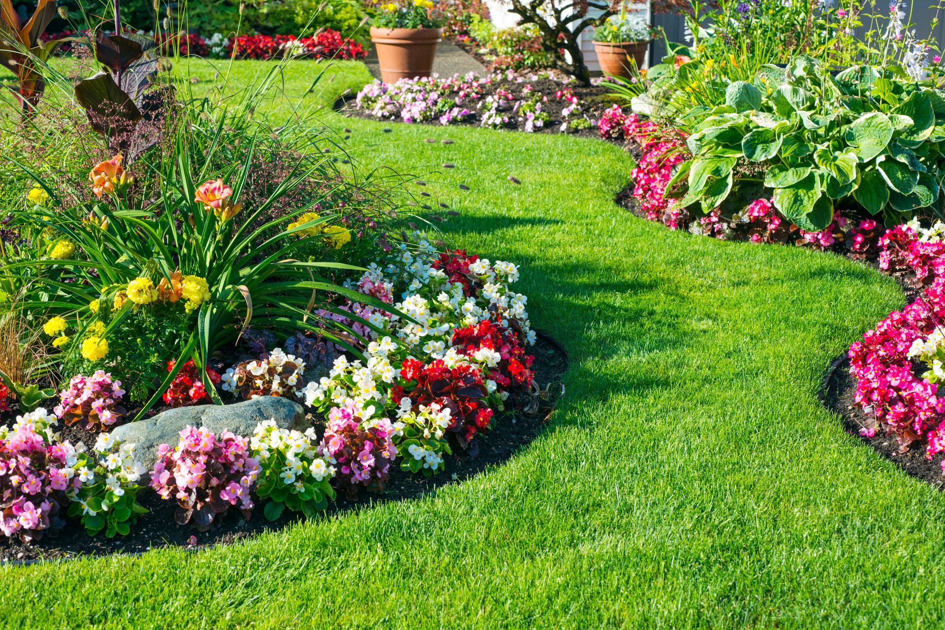 Lush green lawn with winding flowerbeds filled with colorful blooms. Sunny outdoor setting.