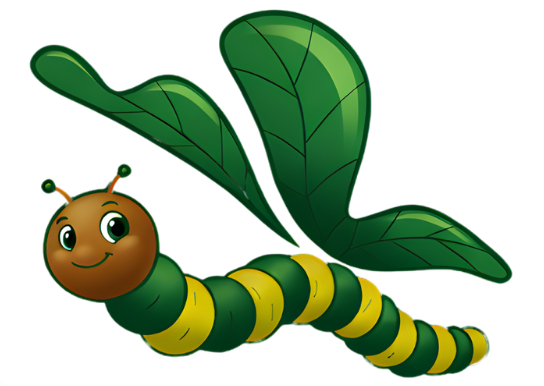 Colorful cartoon caterpillar with a smiling pink face, black antennae, and segments in yellow, teal, and orange.