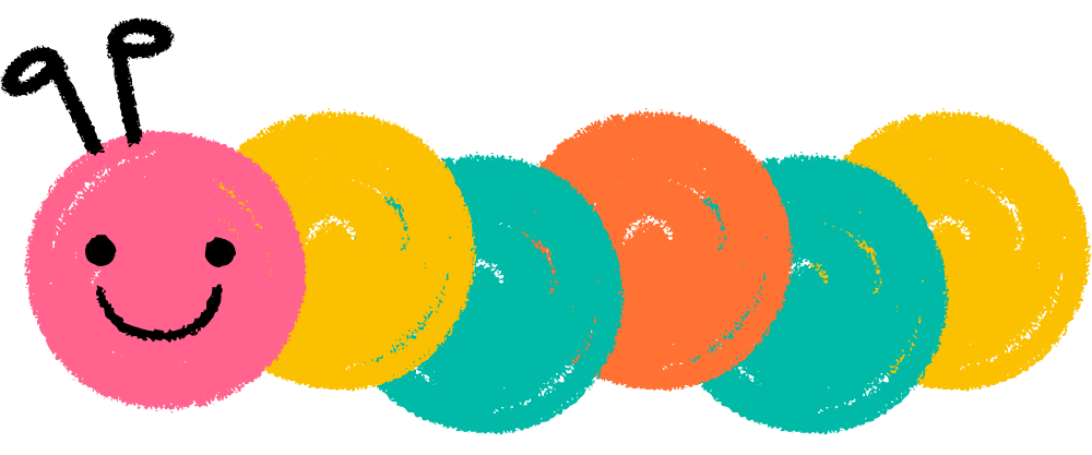 Colorful cartoon caterpillar with a smiling pink face, black antennae, and segments in yellow, teal, and orange.