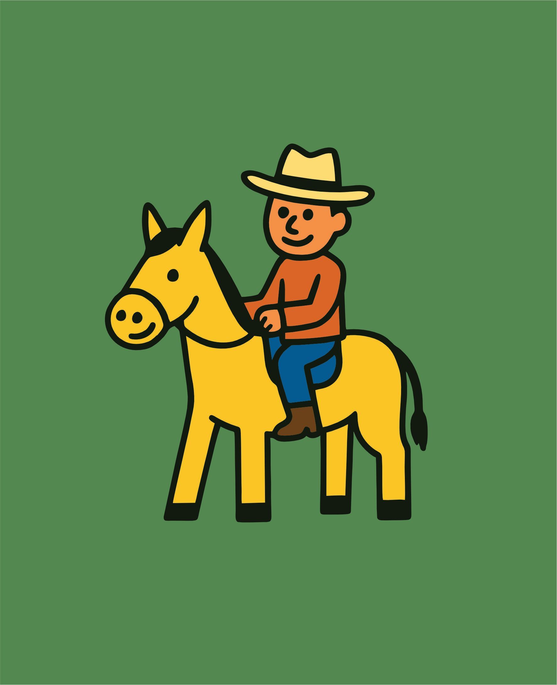 Vaquero montando un caballo amarillo, ambos con contornos negros, sobre fondo verde.