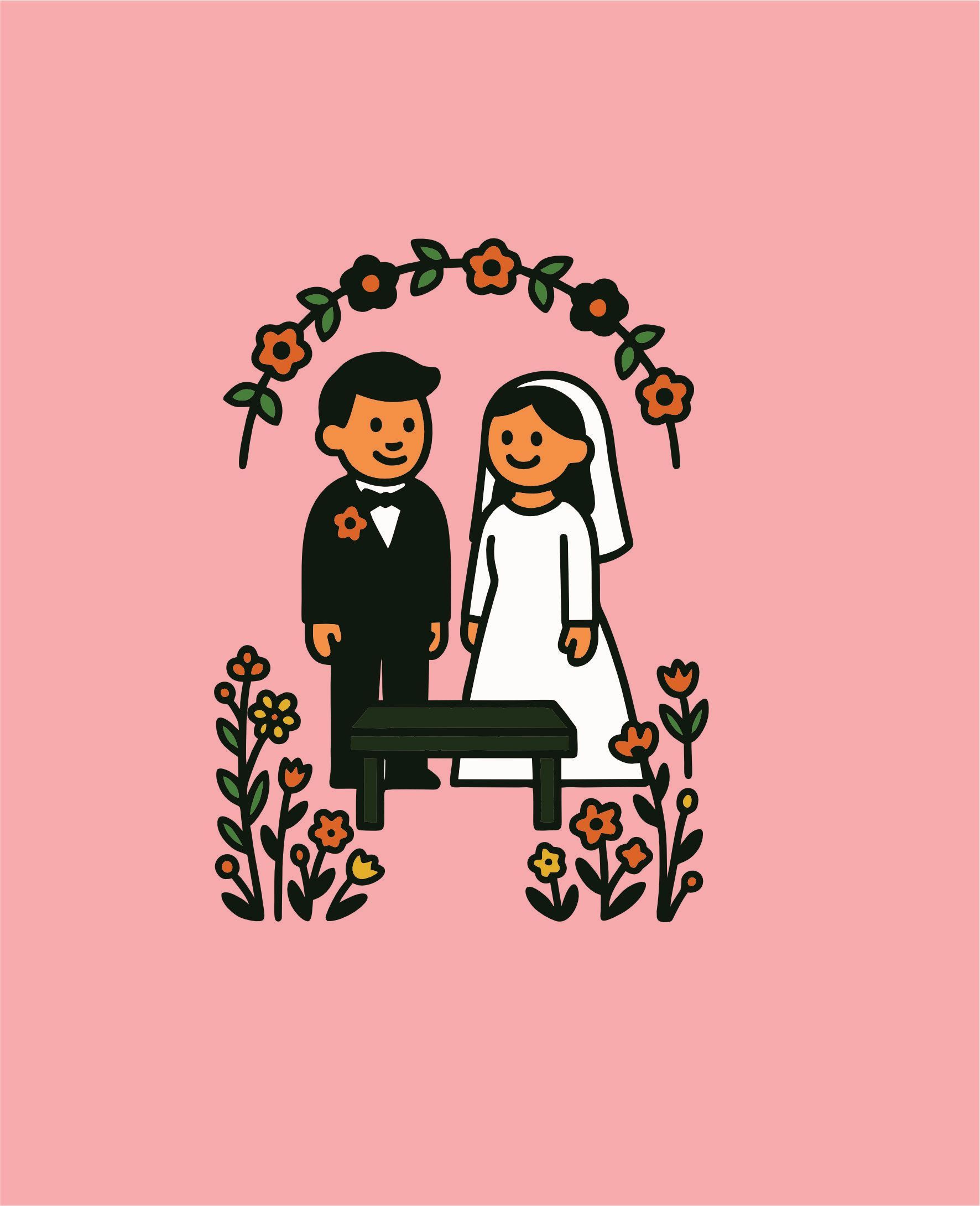 Pareja en una ceremonia de boda bajo un arco de flores; fondo rosa.