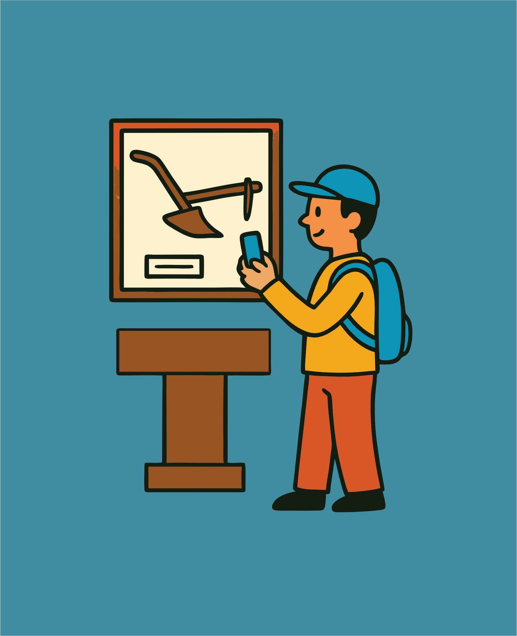 Niño con mochila observando una réplica de un arado en un museo.