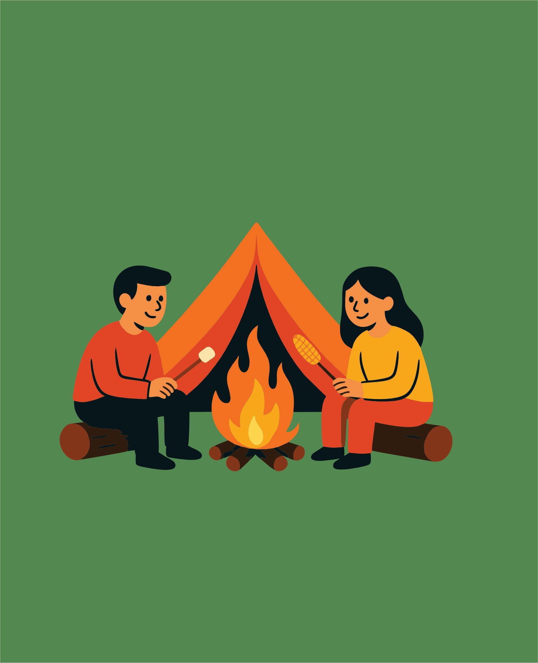 Dos personas asando malvaviscos sobre una fogata, frente a una tienda de campaña. Fondo verde.