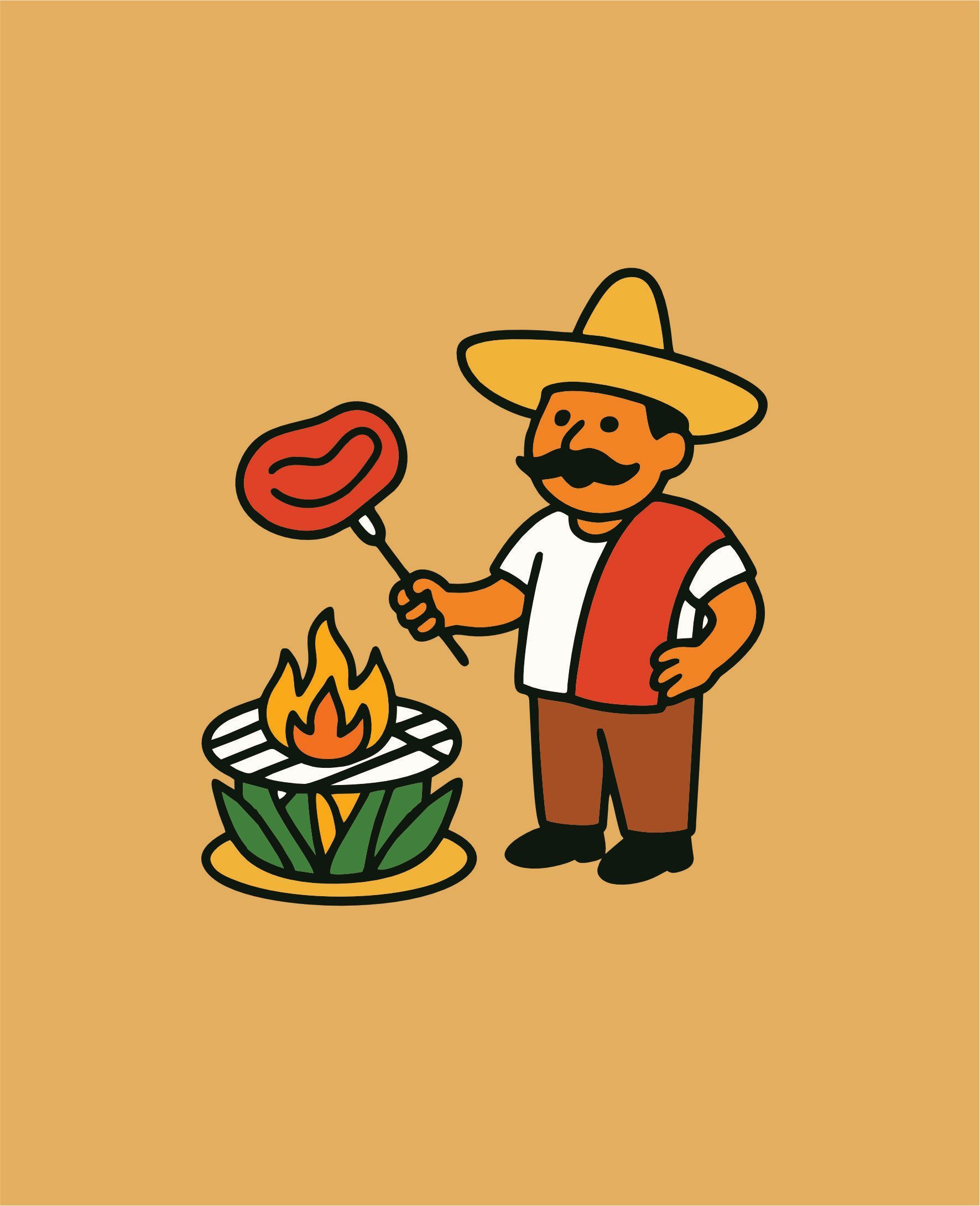 Hombre mexicano asando un filete sobre un fuego pequeño, vestido con sombrero y sarape.