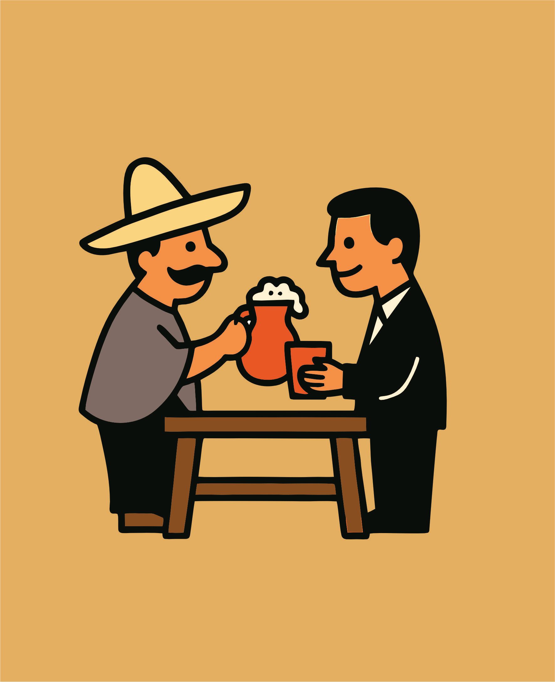 Un hombre con sombrero sirve una bebida a otro hombre en una mesa pequeña.