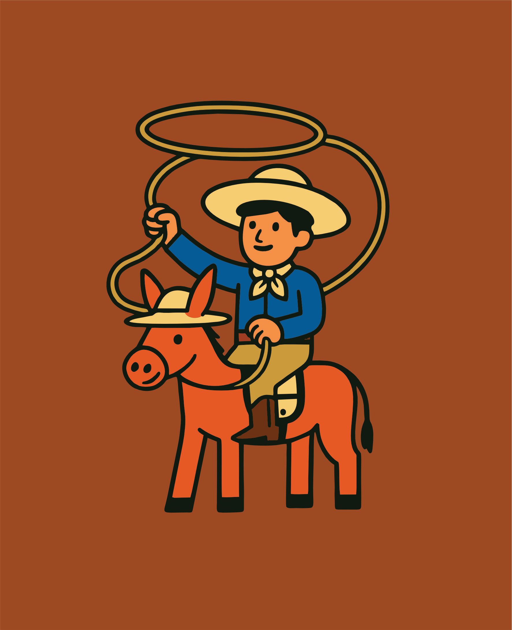 Vaquero montado en un burro naranja con un lazo, vestido con una camisa azul y un sombrero color canela, sobre un fondo marrón.