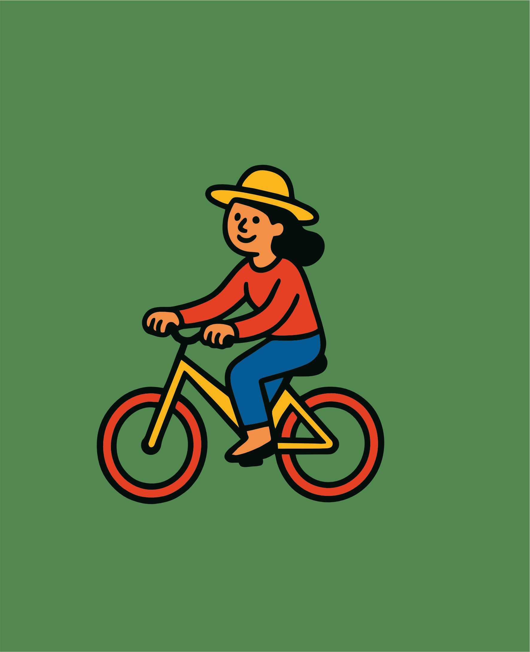 Persona montando en bicicleta, con gorra y camiseta roja. Fondo verde.