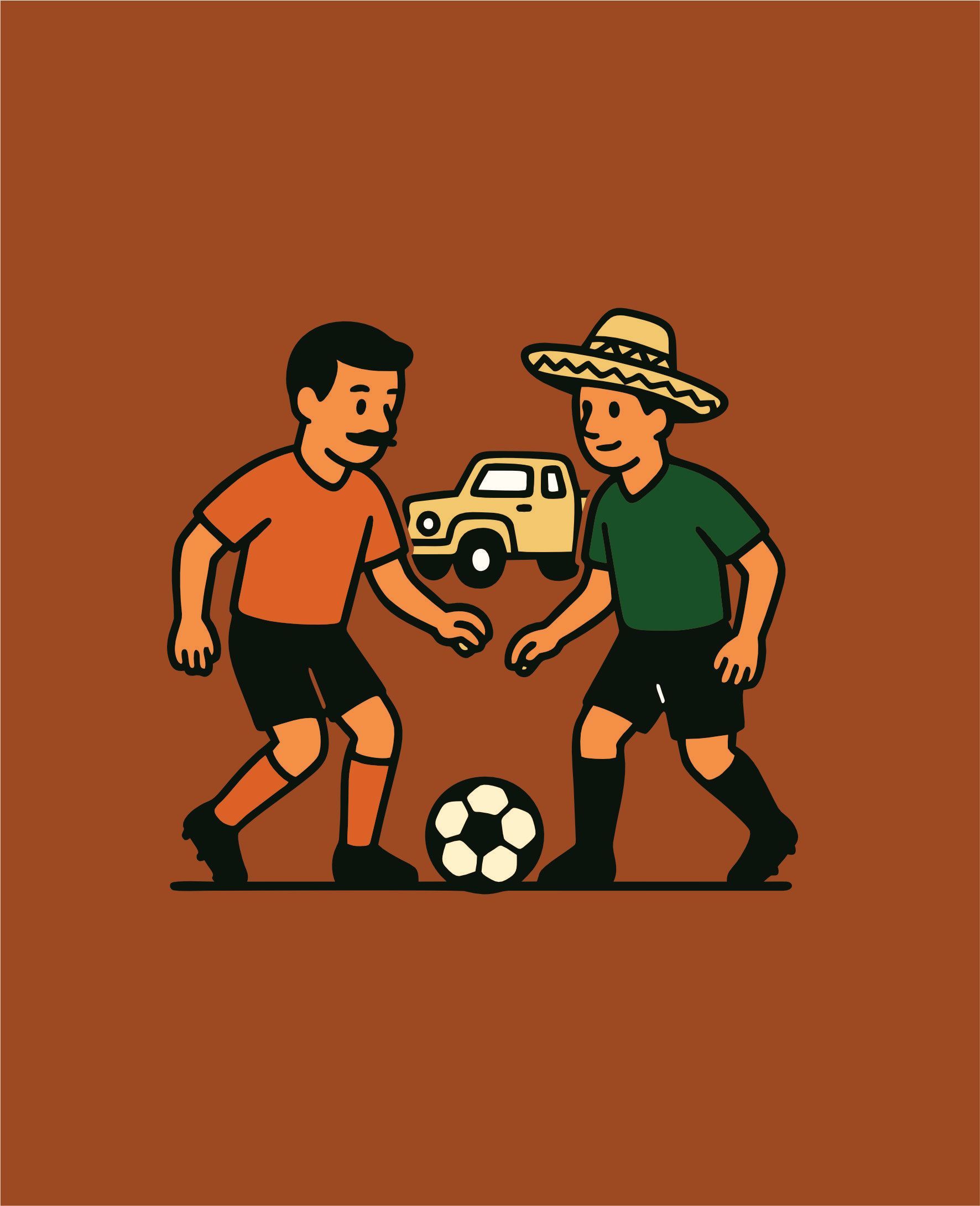 Dos personas jugando al fútbol con un coche de juguete que flota sobre el balón; camisetas naranjas y verdes, fondo marrón.