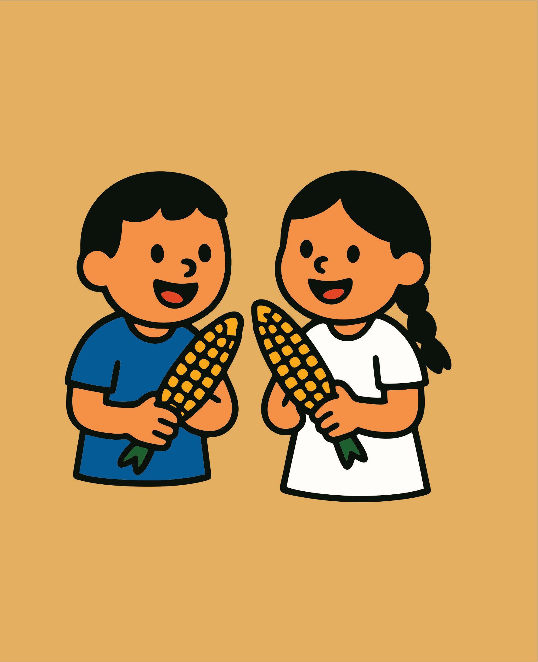 Dos personas sosteniendo mazorcas de maíz, sonriendo. Una con camisa azul, la otra con camisa blanca.