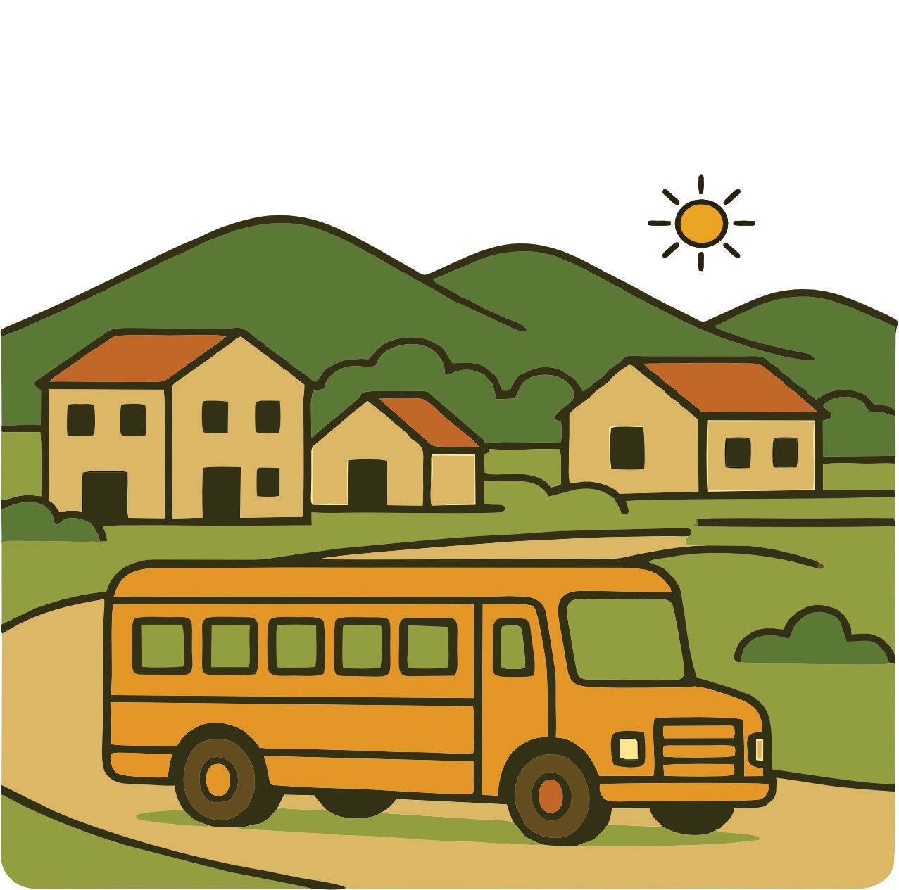 Un autobús escolar amarillo circula por un camino de tierra frente a casas y colinas verdes bajo un sol brillante.