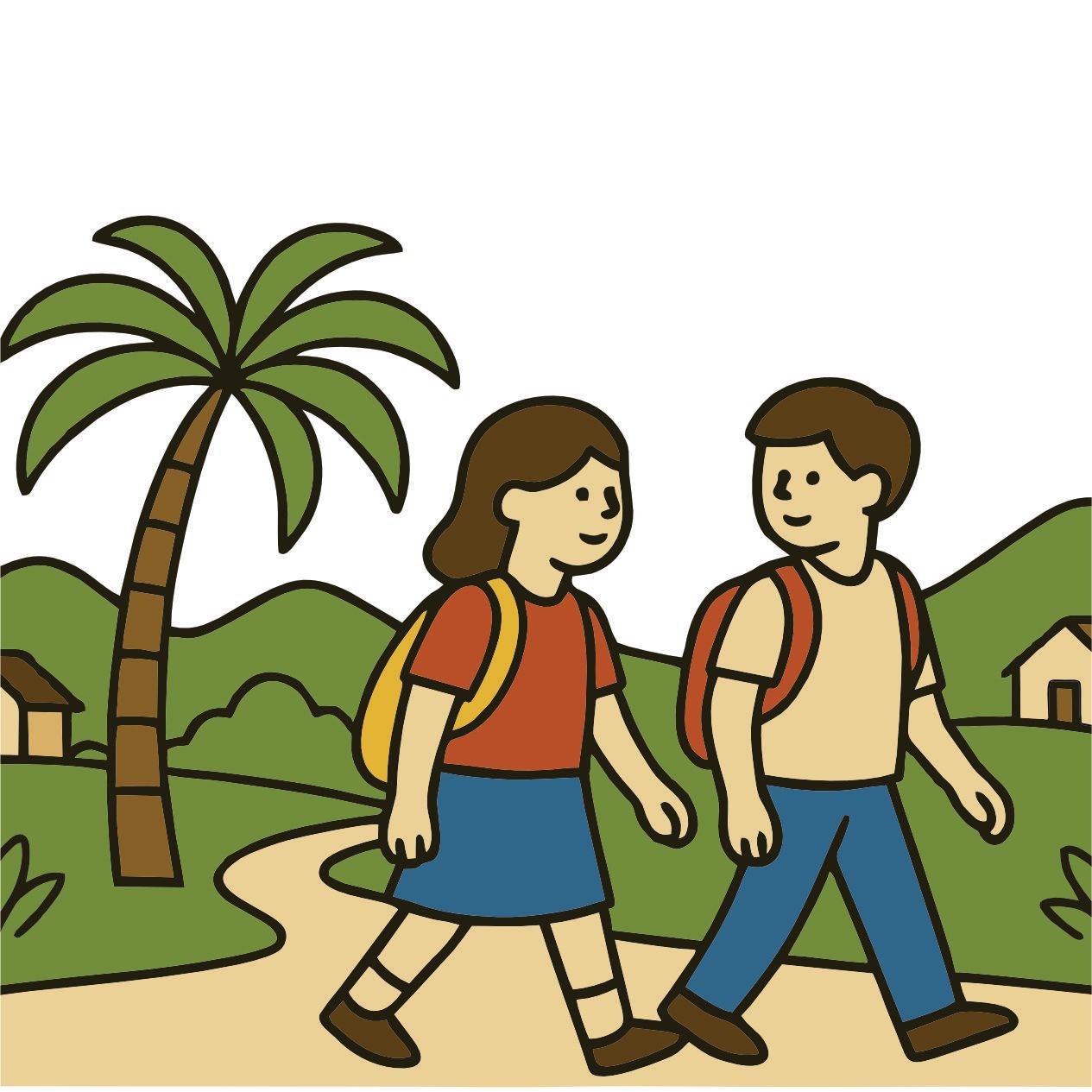 Dos niños con mochilas caminan sonrientes por un sendero. Al fondo se ven una palmera y colinas.