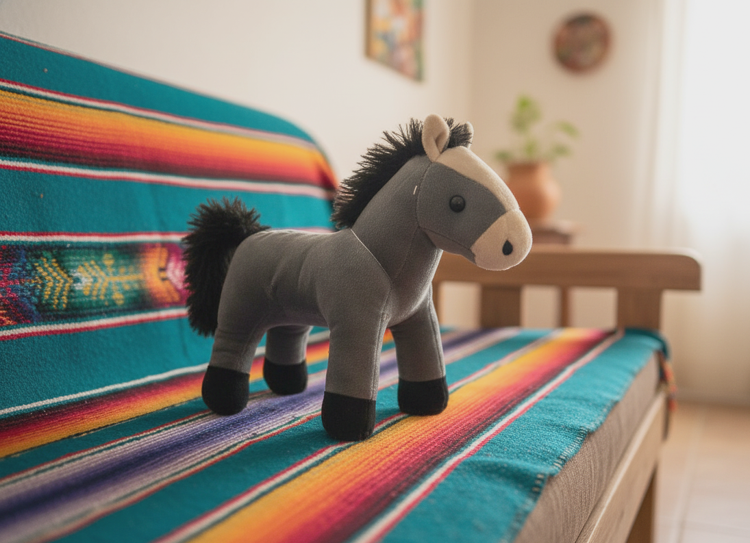 Caballo gris de peluche sobre una manta a rayas azul verdoso y de colores, fondo borroso.