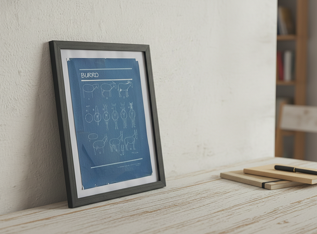 Plano enmarcado apoyado contra una pared blanca sobre una mesa de madera.