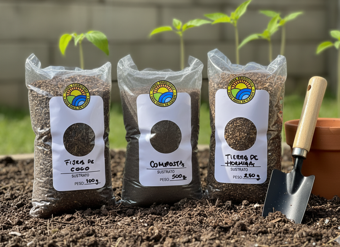 Tres sacos de semillas sobre la tierra, con una paleta y plantas brotando al fondo.
